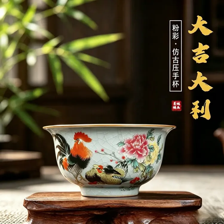 仿古粉彩大吉大利压手杯汝窑开片主人杯公鸡牡丹陶瓷家用功夫茶杯商品图
