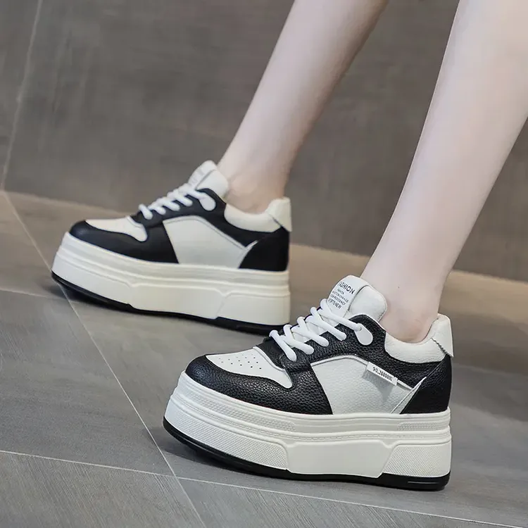 牛皮增高9cm 时尚厚底休闲鞋女2025秋新款百搭加绒松糕小白鞋韩版