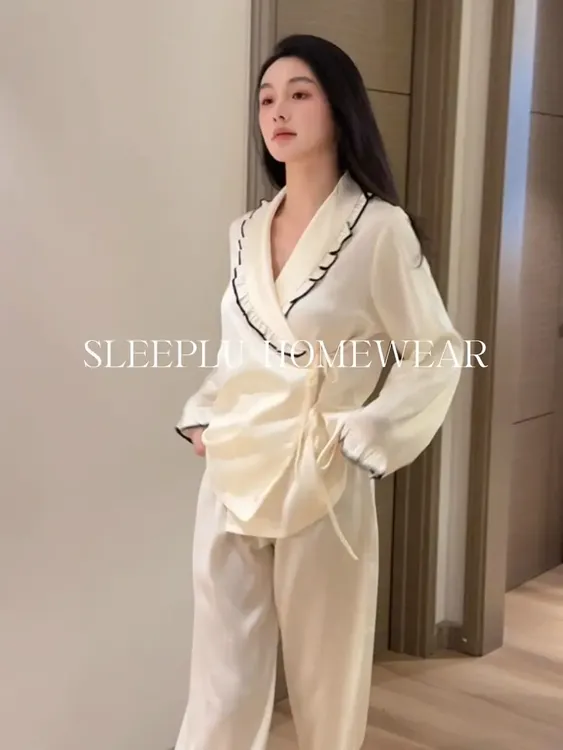 秋季新款法式高级感慵懒风提花冰丝睡衣女春秋长袖系带气质家居服