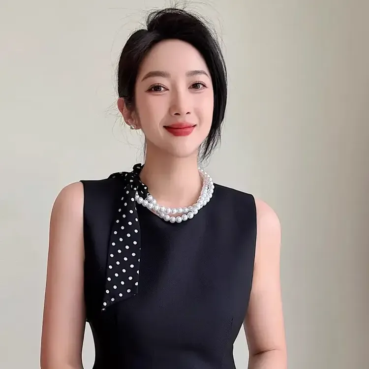 【珍珠项链小丝巾】长条女飘带百搭高级感领巾复古薄款围巾锁骨链