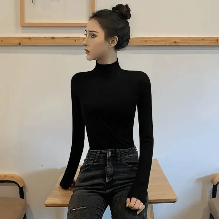 拉夏贝尔黑色半高领打底衫女洋气内搭秋冬新款洋气百搭长袖T恤紧