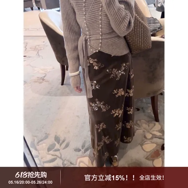 SYT自制 丝绒繁花珠片重工高腰半身裙女冬季简约复古百搭A字长裙