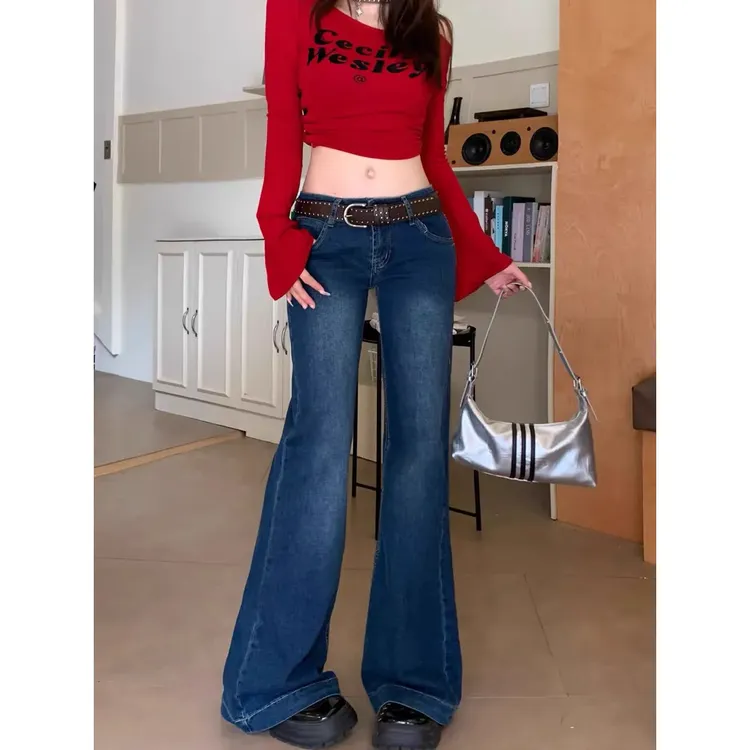 美式辣妹低腰深蓝色牛仔裤女2025秋季新款弹力显瘦拖地微喇叭裤子