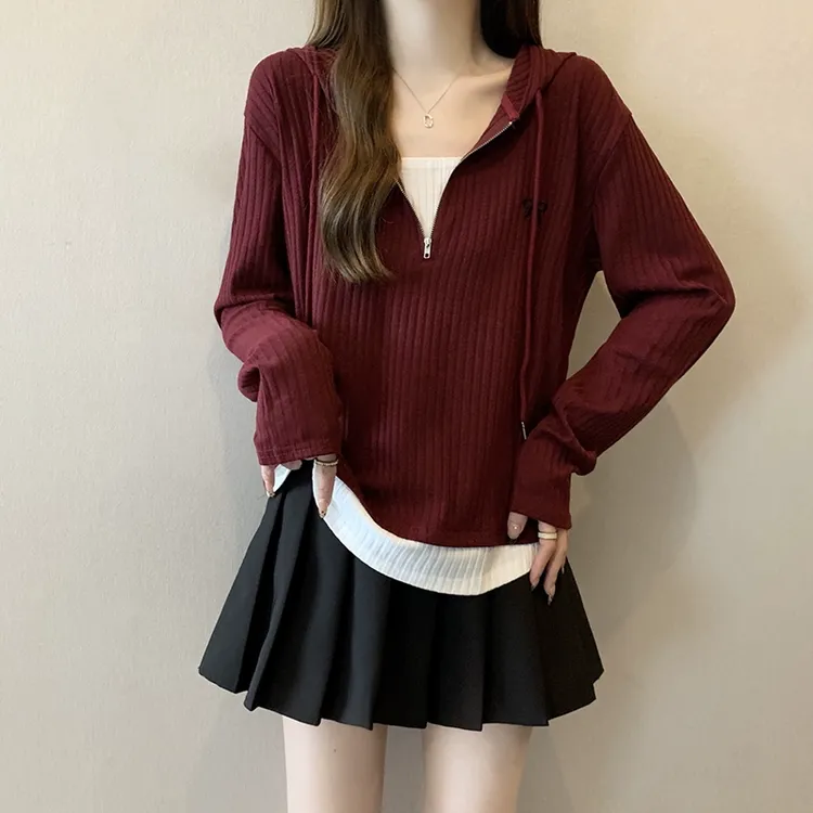 微胖妹妹大码2025春季新款拼接假两件长袖T恤女宽松别致撞色上衣