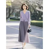 2025新款超火春装开春气质穿搭一整套紫色小香风两件套装裙女