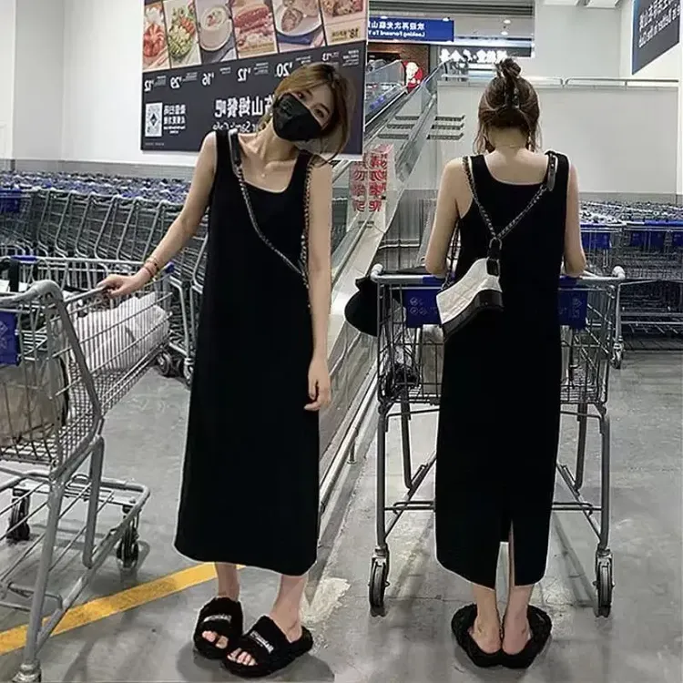 2025款长款吊带背心连衣裙夏季新款大码宽松内搭外穿打底过膝长裙