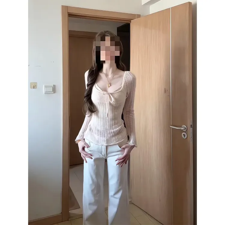 秋季甜美温柔风粉色系带修身镂空针织衫上衣宽松阔腿裤2025新款女