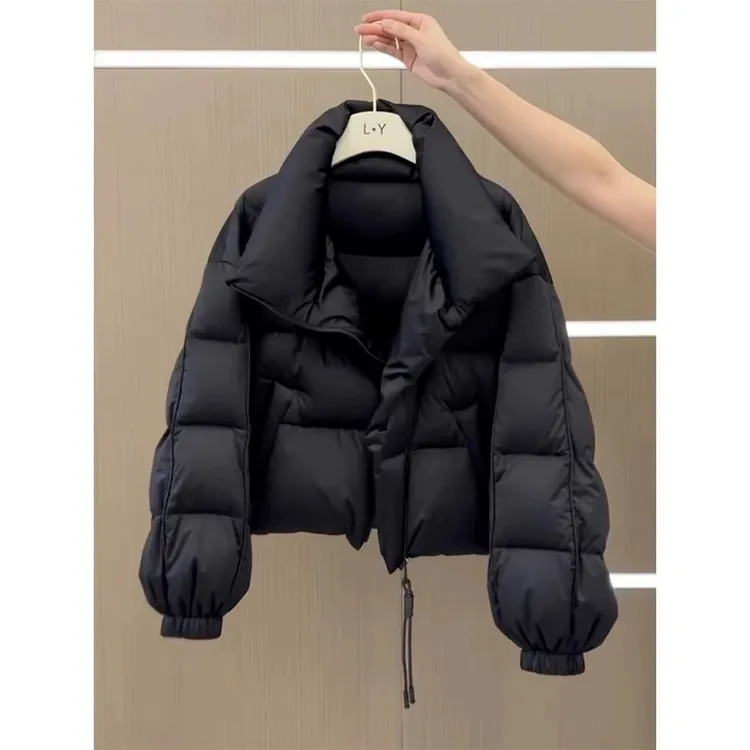 韩系别致独特黑色棉衣女2025新款冬季流行小个子穿搭保暖棉服外套