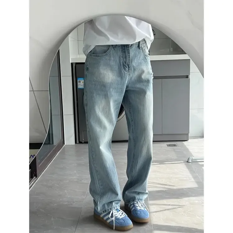 “2025M"闪电裂纹水洗蓝牛仔裤男夏季vintage直筒磨破微喇休闲裤子