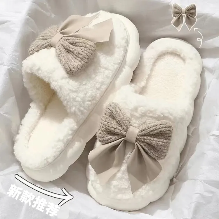 蝴蝶结棉拖鞋冬季防滑厚底保暖柔软女生毛毛拖鞋居家室内防寒外穿