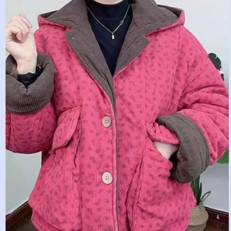 秋冬新款加绒加厚时尚百搭设计感女士灯芯绒碎花连帽棉