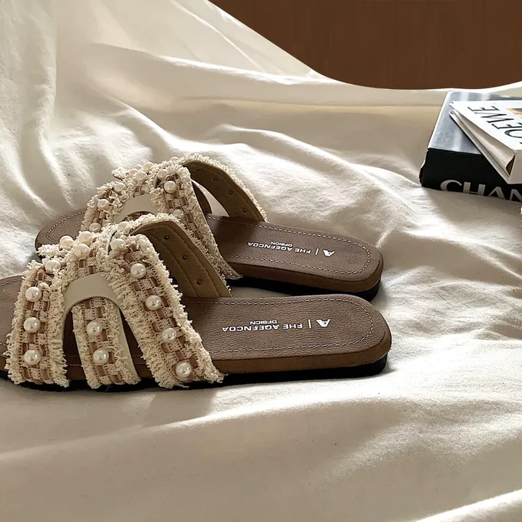复古法式珍珠温柔平底一字拖女夏外穿韩版晚晚风度假沙滩凉拖鞋