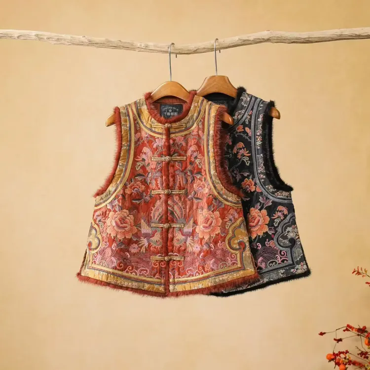 冬季新中式国风重工刺绣立领盘扣拼接加棉加厚斜襟马甲马夹女