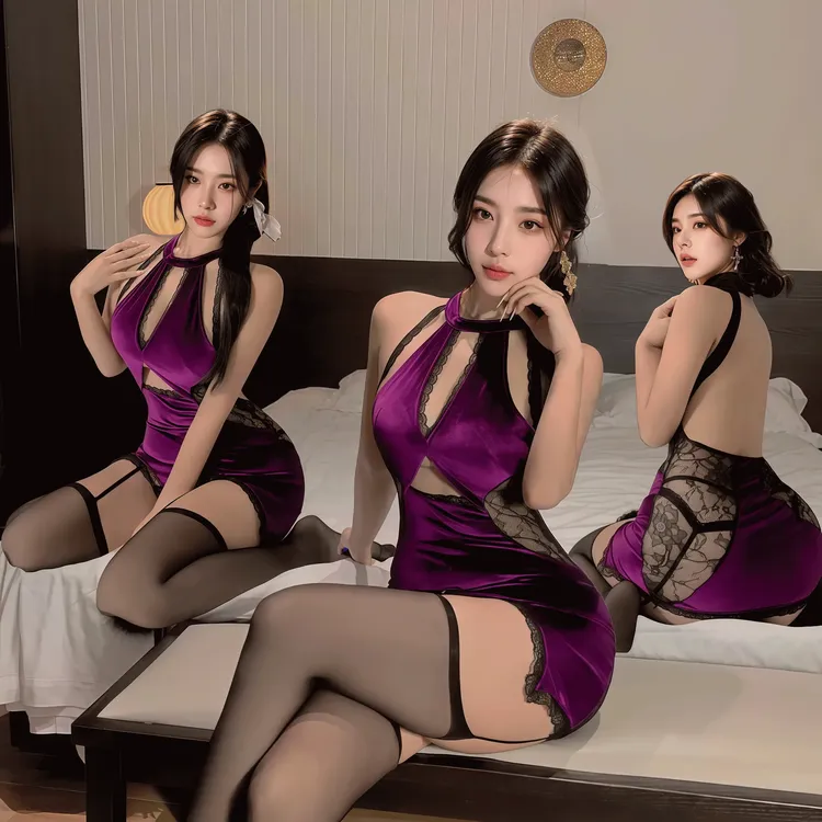 【妲己旗袍】性感复古纯欲镂空挂脖蕾丝火辣显瘦制服收腰修身包臀