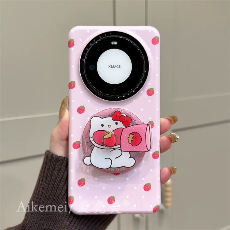 适用华为mate60pro+手机壳卡通波点吃草莓mate60旋转kt猫磁吸支架