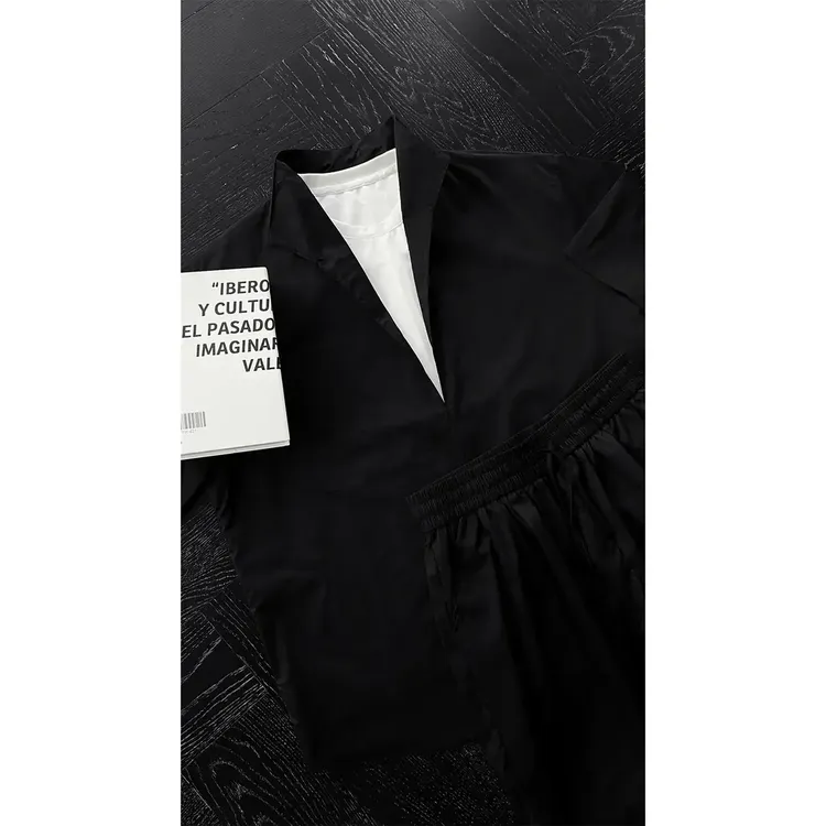 龙叨刀同款夏季新款潮流高级感假两件薄款领短袖衬衫宽松短裤套装