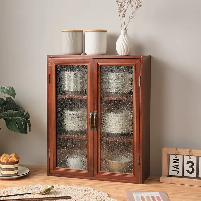 复古实木茶具杯子收纳柜防尘家用餐桌置物架玻璃桌面化妆品收纳盒