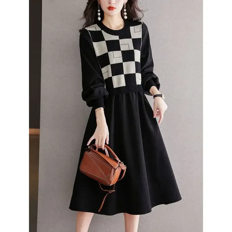 【新疆西藏包邮】针织连衣裙女秋冬遮肚拼接假两件打底毛衣裙中长款