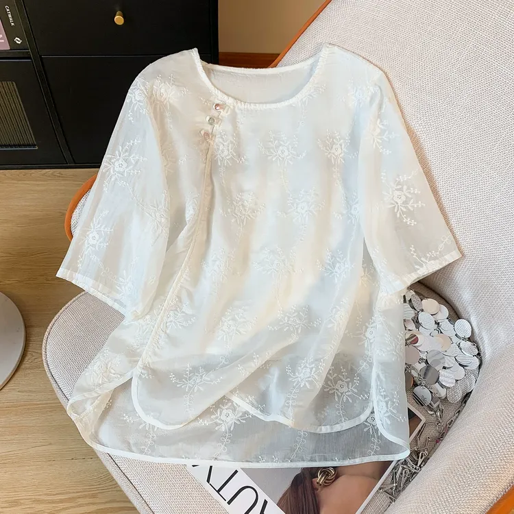 新中式国风刺绣短袖雪纺衬衫女夏季欧货宽松遮肉别致小衫洋气上衣