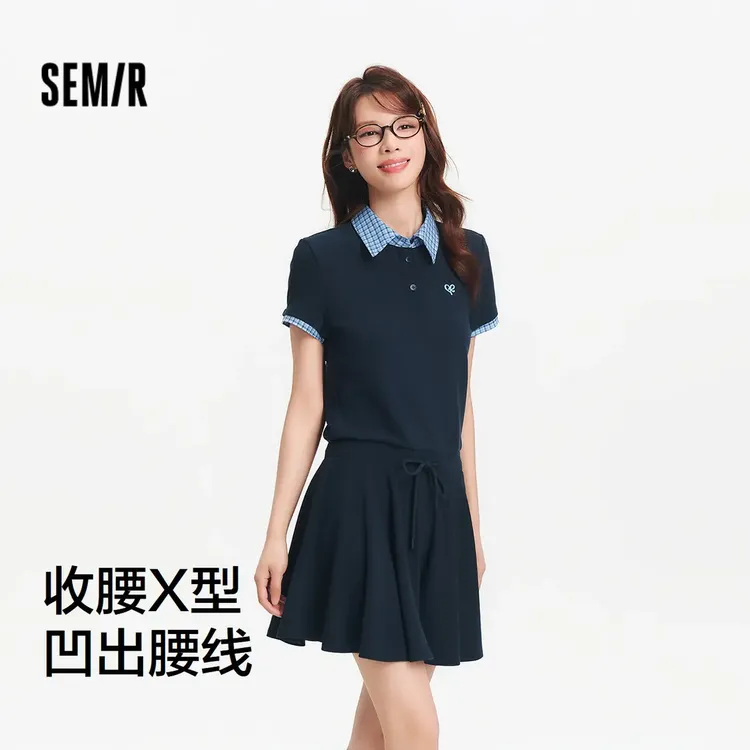 森马连衣裙女拼接格子时尚学院风2025新款夏文艺收腰polo裙盐甜系