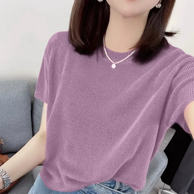 2025夏季新款女装紫色宽松薄款圆领T恤上衣莱赛尔冰丝短袖针织衫