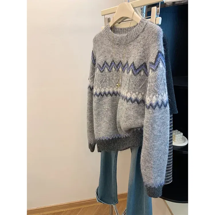 灰色圆领套头设计感拼色软糯毛衣女冬休闲韩系百搭慵懒高级感上衣