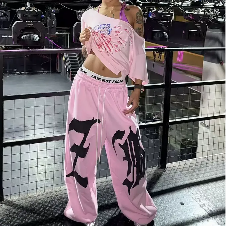 美式街舞双腰头字母印花休闲卫裤女宽松显瘦爵士跳舞运动阔腿长裤