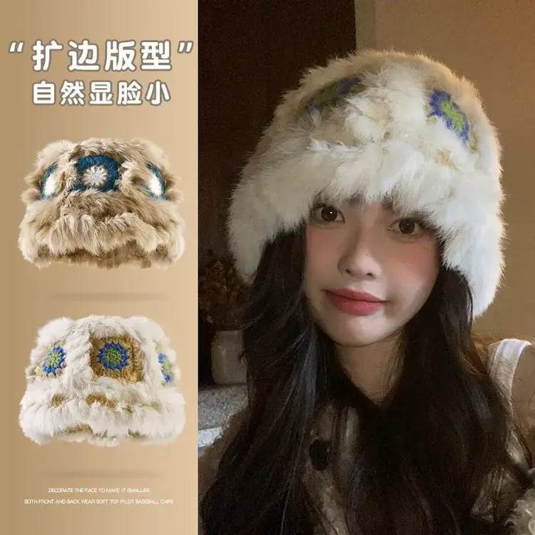 毛绒帽子女2025新款兔毛针织毛绒帽秋冬保暖百搭显脸小醒狮渔夫帽