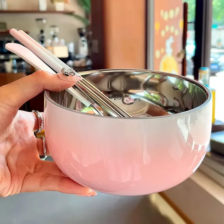 不锈钢碗渐变色不锈钢碗双层隔热碗家用饭碗中空双层防烫餐具E957