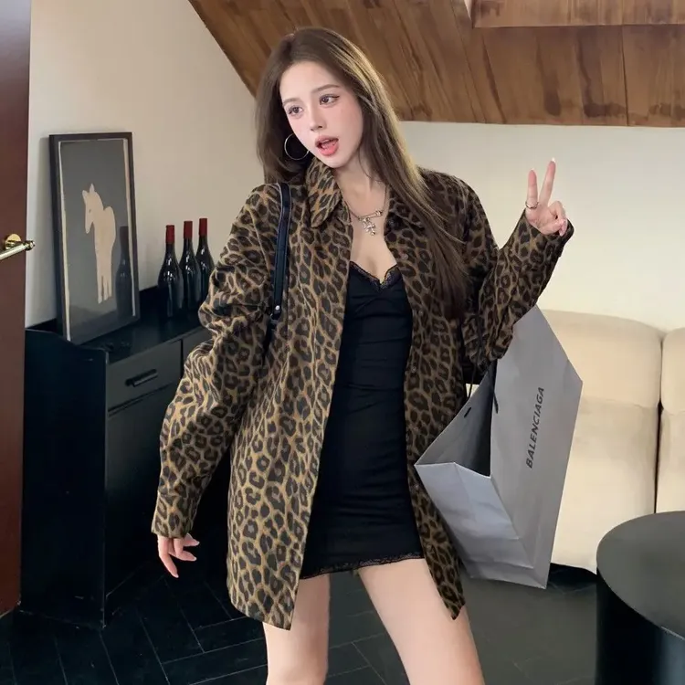 豹纹衬衫外套女2025秋美式复古宽松廓形夹克设计感小众上衣731#