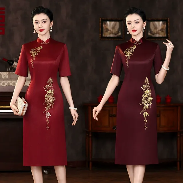 2025春夏款醋酸弹力缎刺绣花旗袍修身显瘦日常连衣裙礼服妈妈装