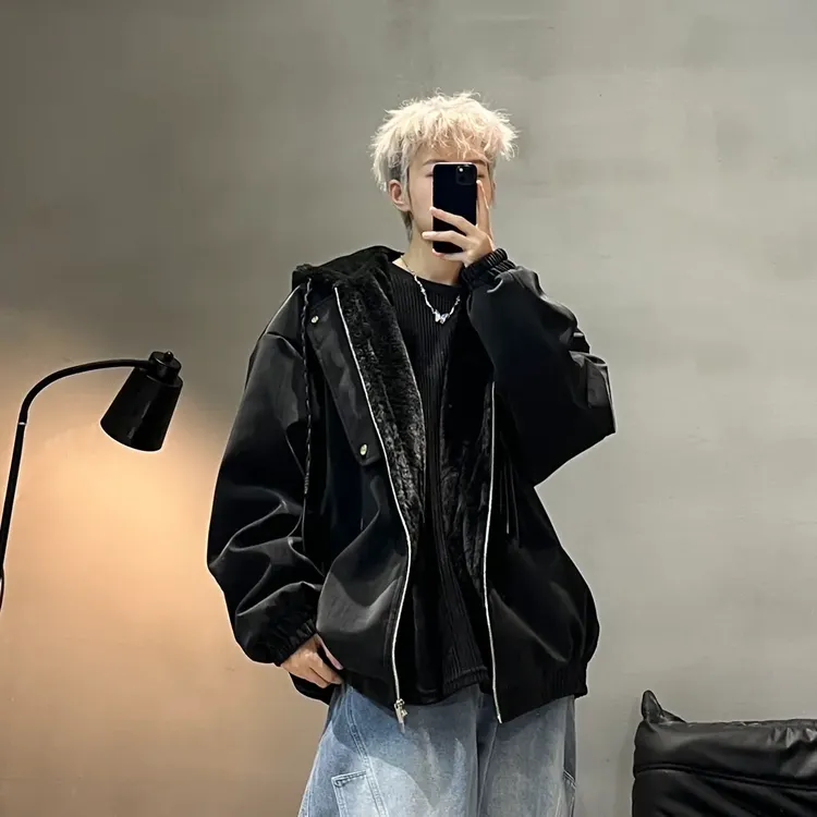 2025冬季加厚夹克连帽皮衣男座山雕显瘦宽松情侣棉服保暖外套潮