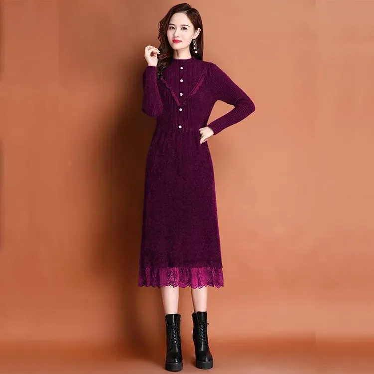 水貂绒针织连衣裙女加厚秋冬新款贵夫人高端洋气毛衣打底裙中长款