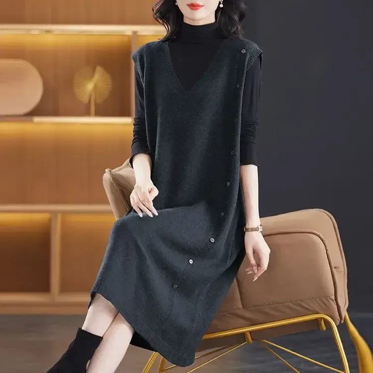 秋冬新款遮肉无袖连衣裙宽松中长款背心裙胖mm外穿针织加肥加大码