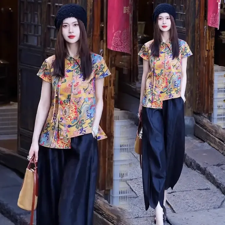 拉夏贝尔新中式国风套装女士2025夏季新款高级感短袖碎花衫直筒裤