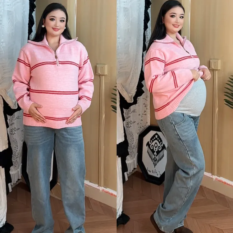 粉色条纹半拉链套头针织衫女秋冬慵懒风宽松上衣