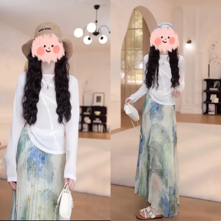 新款蕾丝花边防晒上衣时尚气质松紧腰印花不规则半身裙套装