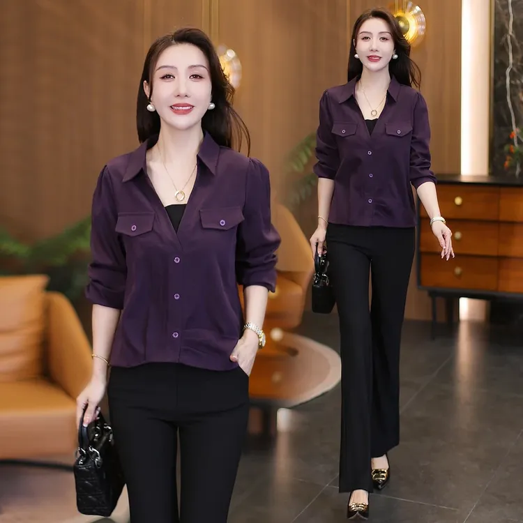 时尚洋气假两件衬衫女2025秋季新款宽松遮肚子显瘦衬衣百搭上衣潮