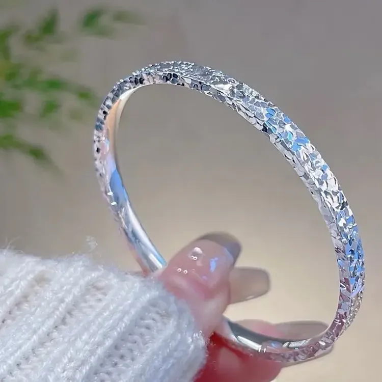 足银手镯  碎冰冰实心闭口时尚百搭气质轻奢生日礼物女款