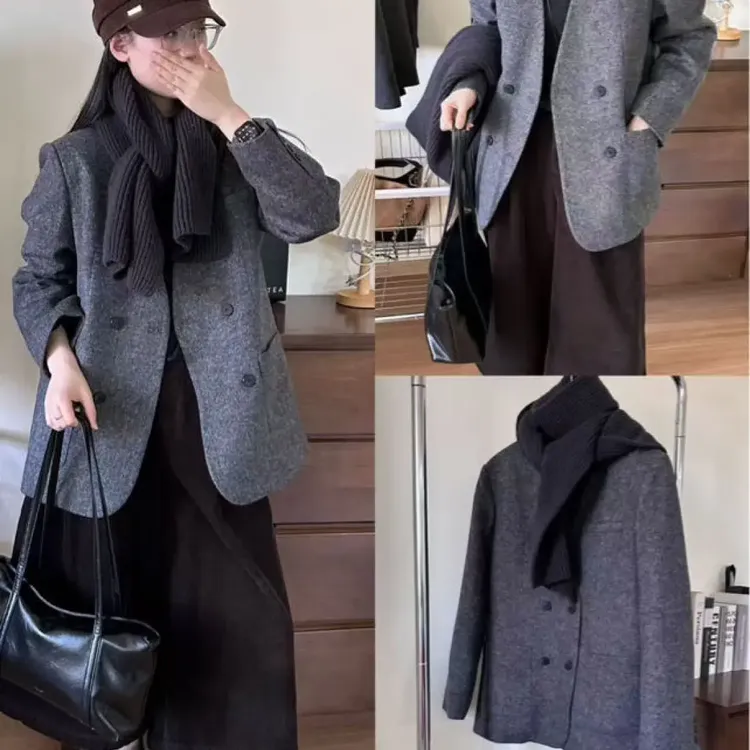 冬季新款韩系轻职风双排扣羽绒西装外套女宽松显瘦百搭