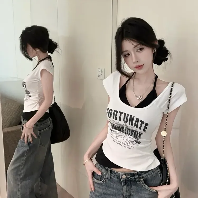 2025夏季新款小心机挂脖背心假两件休闲短款百搭甜美t恤上衣女潮