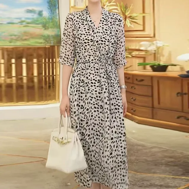 波点半袖雪纺连衣裙女夏季新款妈妈装洋气漂亮中长裙收腰显瘦裙子