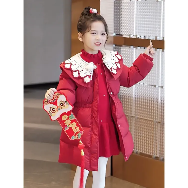 巴拉巴拉女童加厚服秋冬2025新款儿童国风刺绣衣女孩中长款拜年服