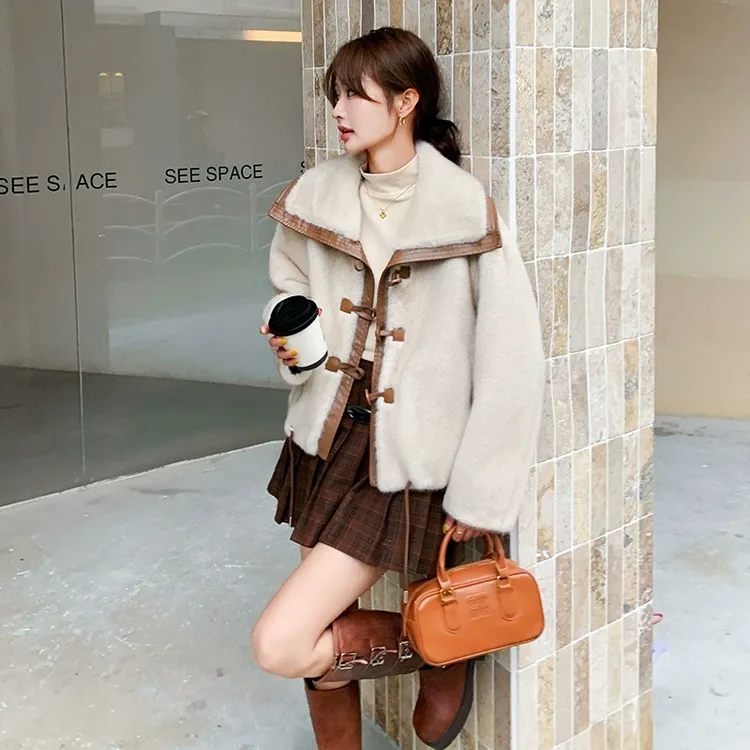 人造皮草 冬装短款拼接撞色仿水貂皮毛外套小香风