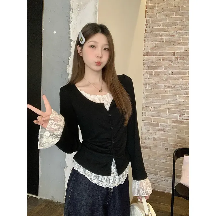 大码休闲高级感蕾丝长袖t恤女秋季假两件打底衫胖MM遮肉显瘦上衣