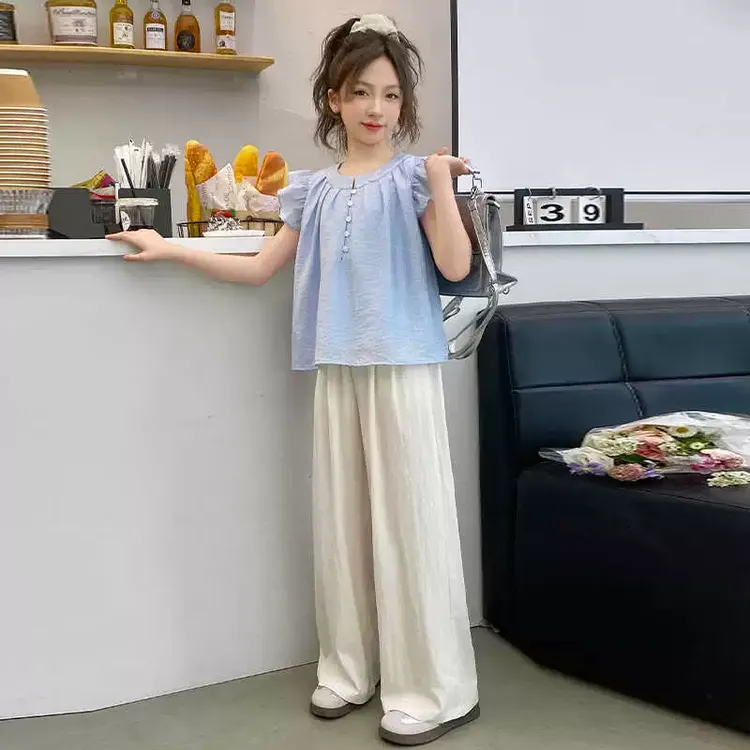 女童小飞袖套装夏季新品2025中大童女孩无袖背心休闲阔腿裤两件套