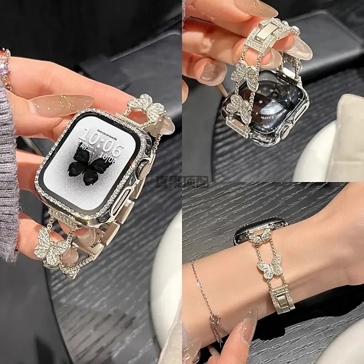 适用小米手环9pro表带10pro金属闪钻蝴蝶红米watch5女生nfc手表链