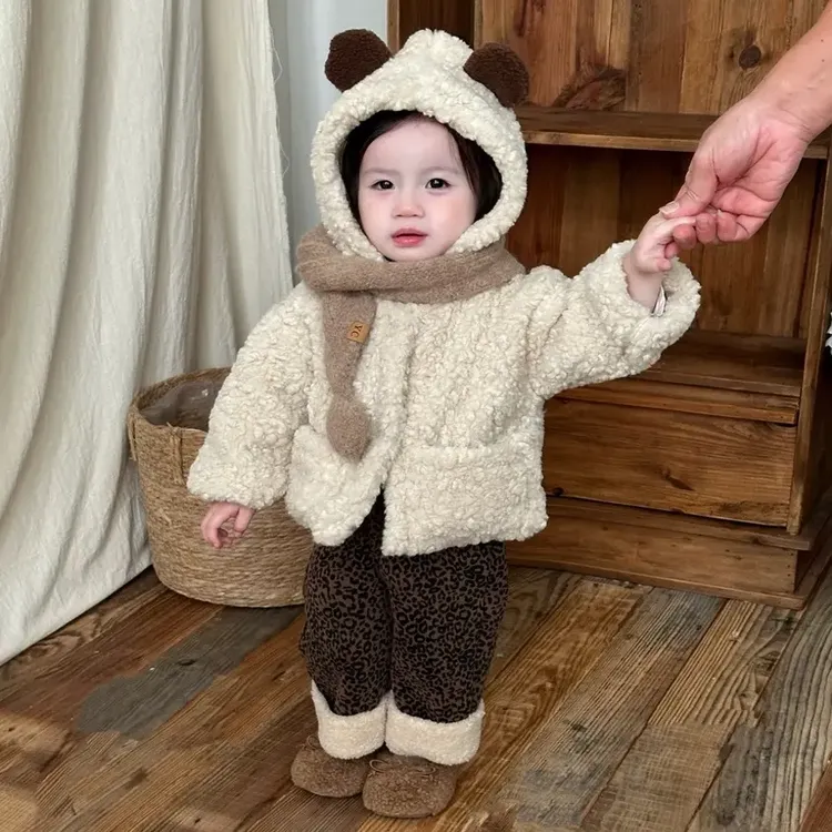 婴幼儿毛毛加厚小熊连帽外套冬季男女宝宝可爱加绒保暖棉衣冬款