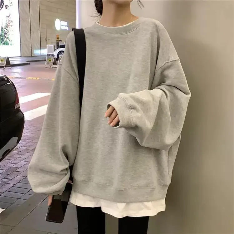 2024新款秋装灰色圆领卫衣女春秋季薄款宽松显瘦百搭纯色休闲上衣