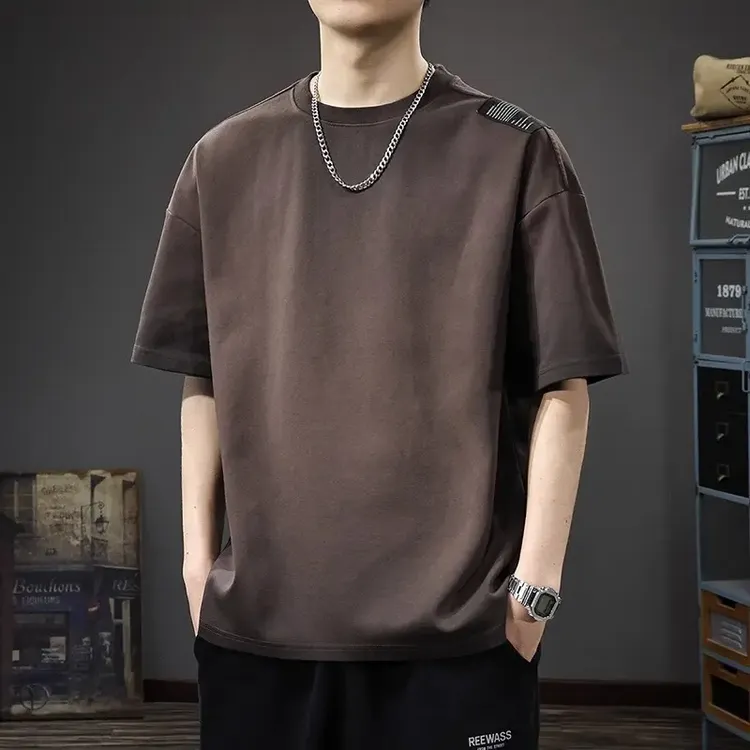 夏季重磅300g渐变圆领短袖T恤男美式潮牌复古水洗五分袖上衣体恤T